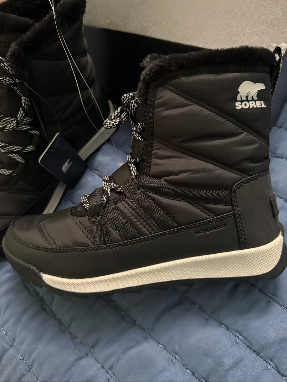 Sorel Black Quilted Lace-Up Winter Ankle Boots with Faux Fur Trim